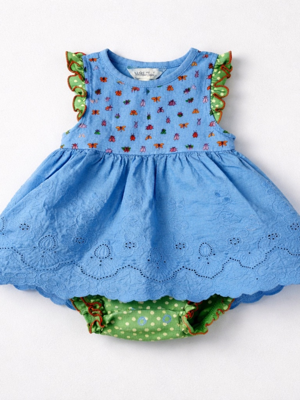 Matilda Jane blue bug print bodysuit dress with bug print and eyelet size 6-12 m